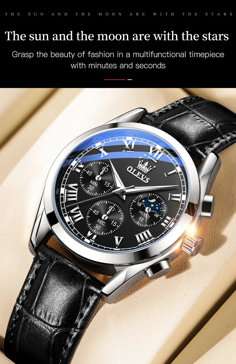 OLEVS 2871 reloj de cuarzo para hombre de la mejor marca, reloj de negocios noctilucente resistente al agua de lujo, correa de cuero, reloj de fase lunar, reloj Masculino