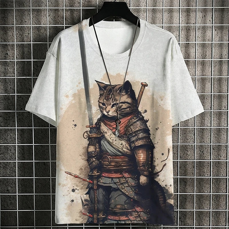 Camisetas con estampado de gato guerrero a la moda para hombre, camisetas con estampado de gato 3D y cuello redondo para verano, ropa informal de moda, camisetas Harajuku