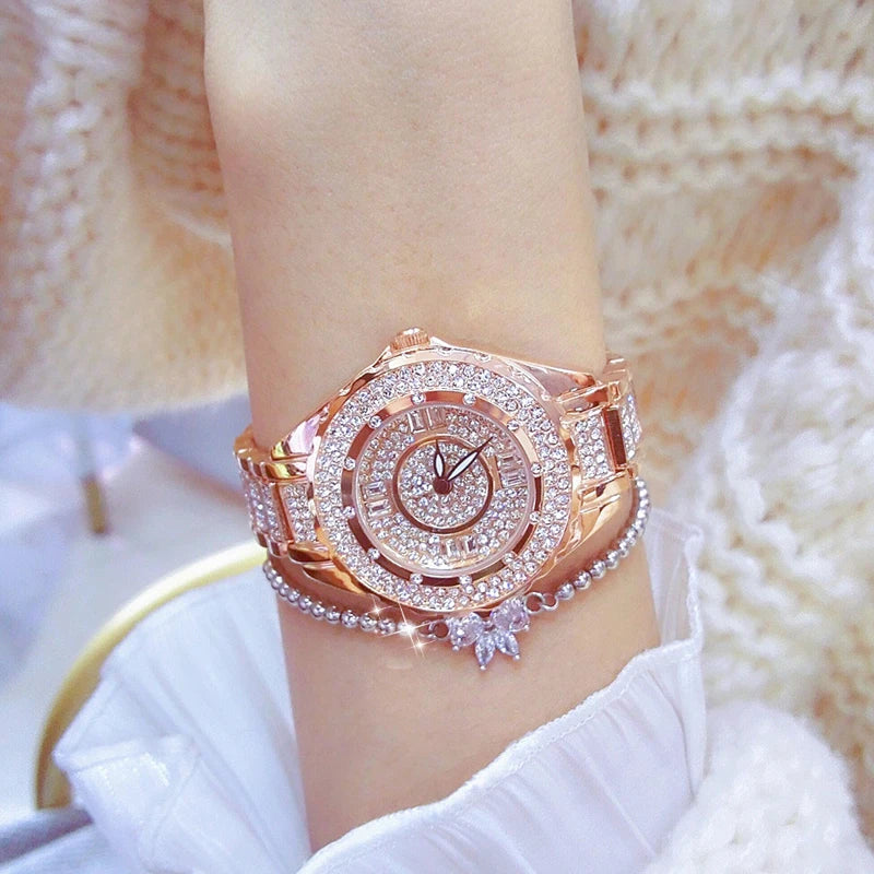 2025 relojes de diamantes de cristal para mujer, reloj elegante Original de oro para mujer con conjunto de pulsera, regalo de oro rosa para novia y esposa