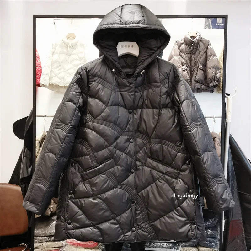 Lagabogy-abrigo holgado de plumón de pato blanco para mujer, Tops Vintage de un solo pecho, chaqueta acolchada cálida con capucha y bolsillo para mujer, exterior, 2025