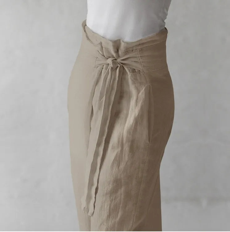 Pantalones informales con bolsillo para mujer, Color sólido, elásticos, con encuadernación, línea de algodón elegante, cintura alta, verano 2024