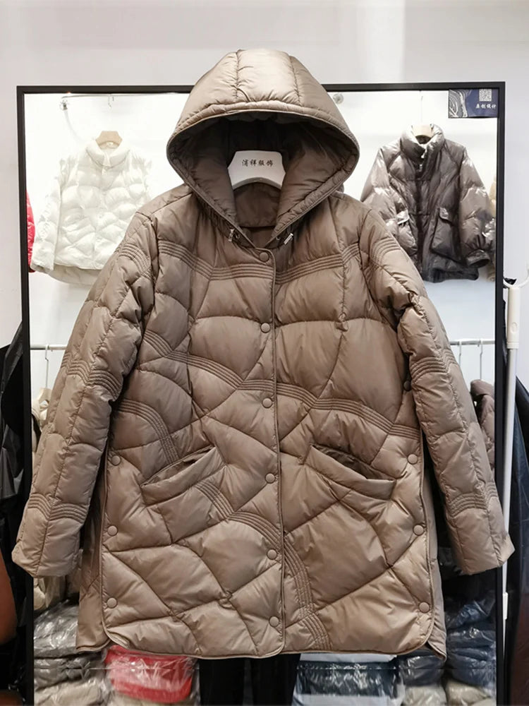 Lagabogy-Women's Loose White Duck Down Coat, Vintage Single-Breasted Tops, Warm Hooded Pocket Padded Jacket for Women, Outdoor, 2025