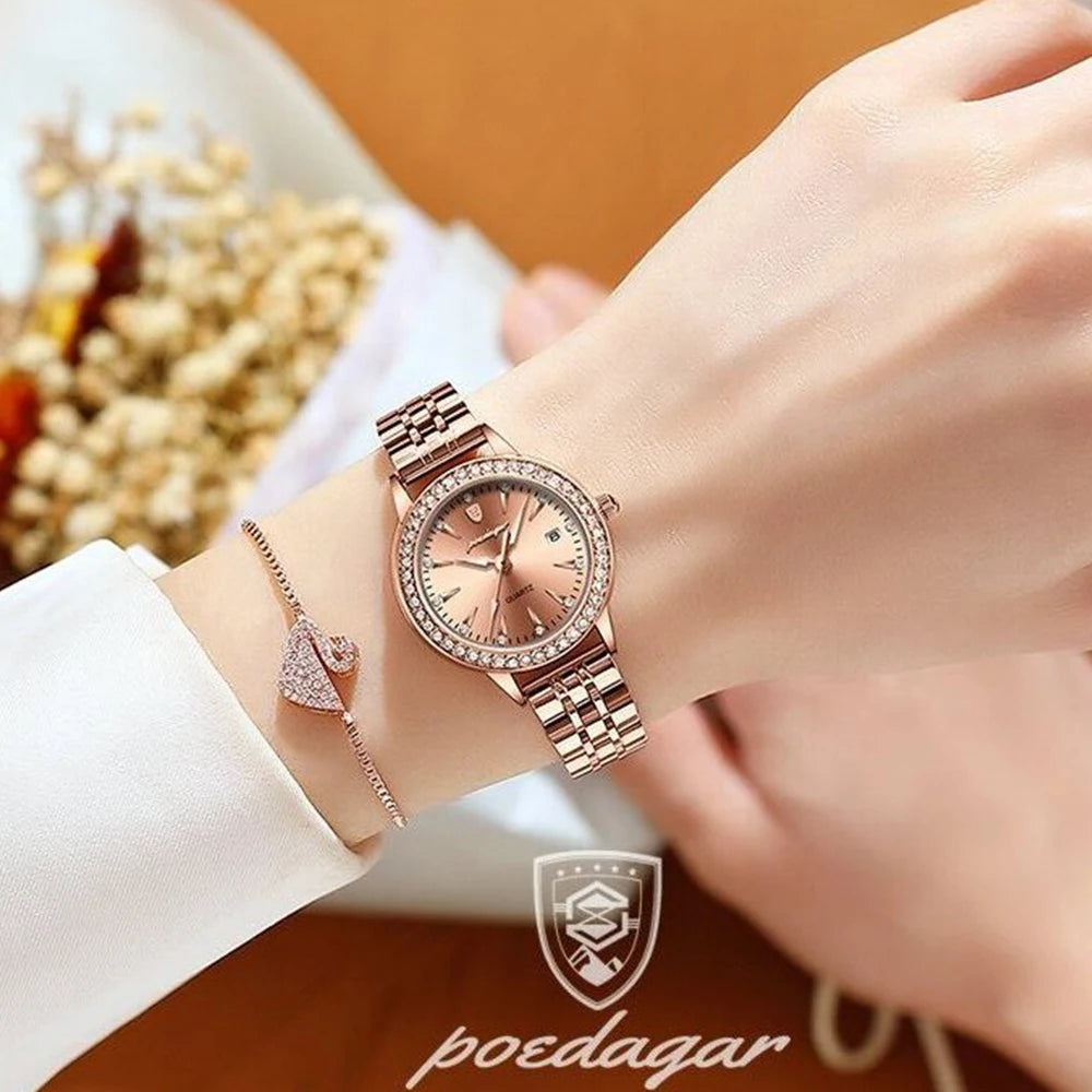 POEDAGAR, reloj informal de lujo para mujer, reloj resistente al agua con fecha para mujer, relojes de cuarzo elegantes con diamantes para mujer, reloj sencillo para mujer