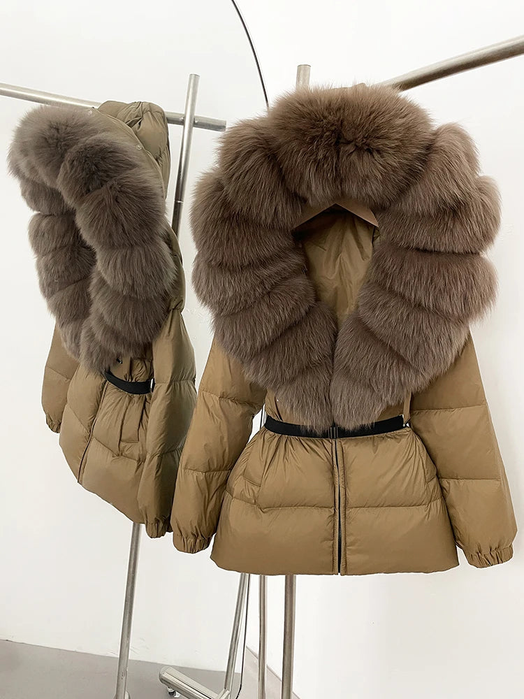OFTBUY 2025 nueva ropa de invierno para mujer, abrigo de plumón de pato blanco, chaqueta con capucha de piel de zorro Natural, chaqueta acolchada cálida a la moda para mujer