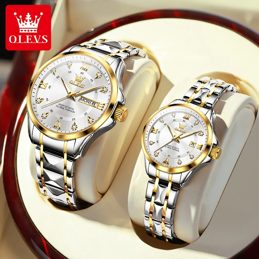 OLEVS, reloj de cuarzo Original superior para parejas, reloj de lujo con esfera de diamante a escala romana para hombres y mujeres, reloj de mano resistente al agua con correa de rombos
