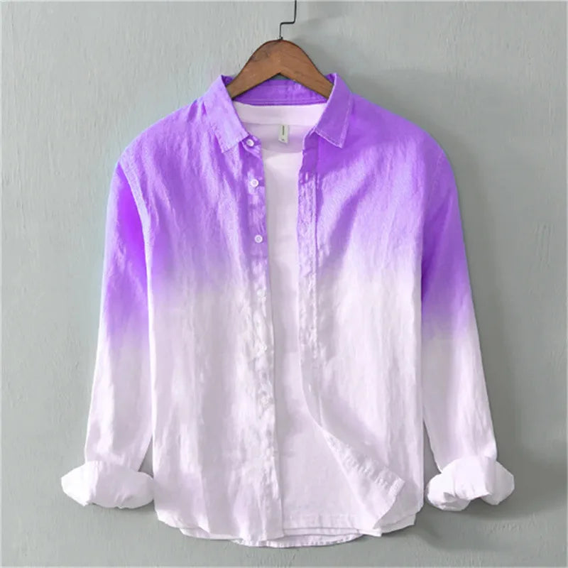 Men's Casual Spring Autumn Long-Sleeve Collared Shirt, Fashionable Light Color Changing 3D Print Linen Shirt, XS-6XL