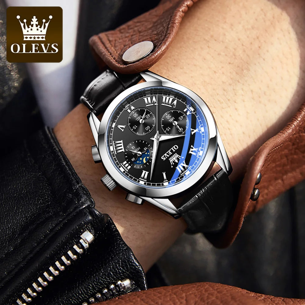 OLEVS 2871 reloj de cuarzo para hombre de la mejor marca, reloj de negocios noctilucente resistente al agua de lujo, correa de cuero, reloj de fase lunar, reloj Masculino