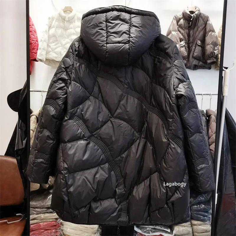 Lagabogy-abrigo holgado de plumón de pato blanco para mujer, Tops Vintage de un solo pecho, chaqueta acolchada cálida con capucha y bolsillo para mujer, exterior, 2025