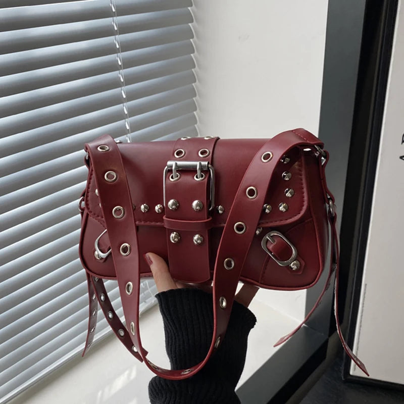 Bolso de hombro para mujer, estilo Punk, bolso de cuero PU, bolsos de moda Rock con remache, pequeño bolso de moda para axila