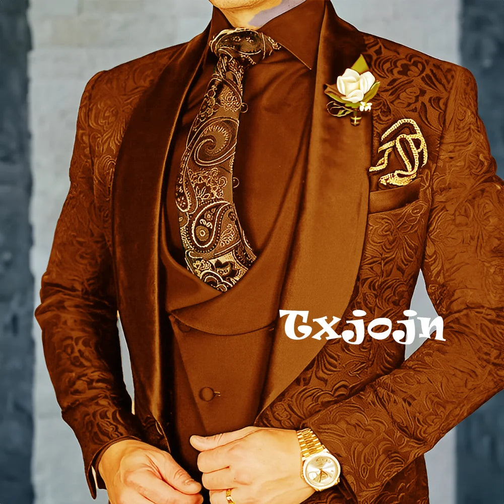 Exquisitos trajes de jacquard de 3 piezas para hombre, conjuntos de novio de boda, bonito conjunto de traje con solapa y chal, ropa de baile, esmoquin Formal para negocios