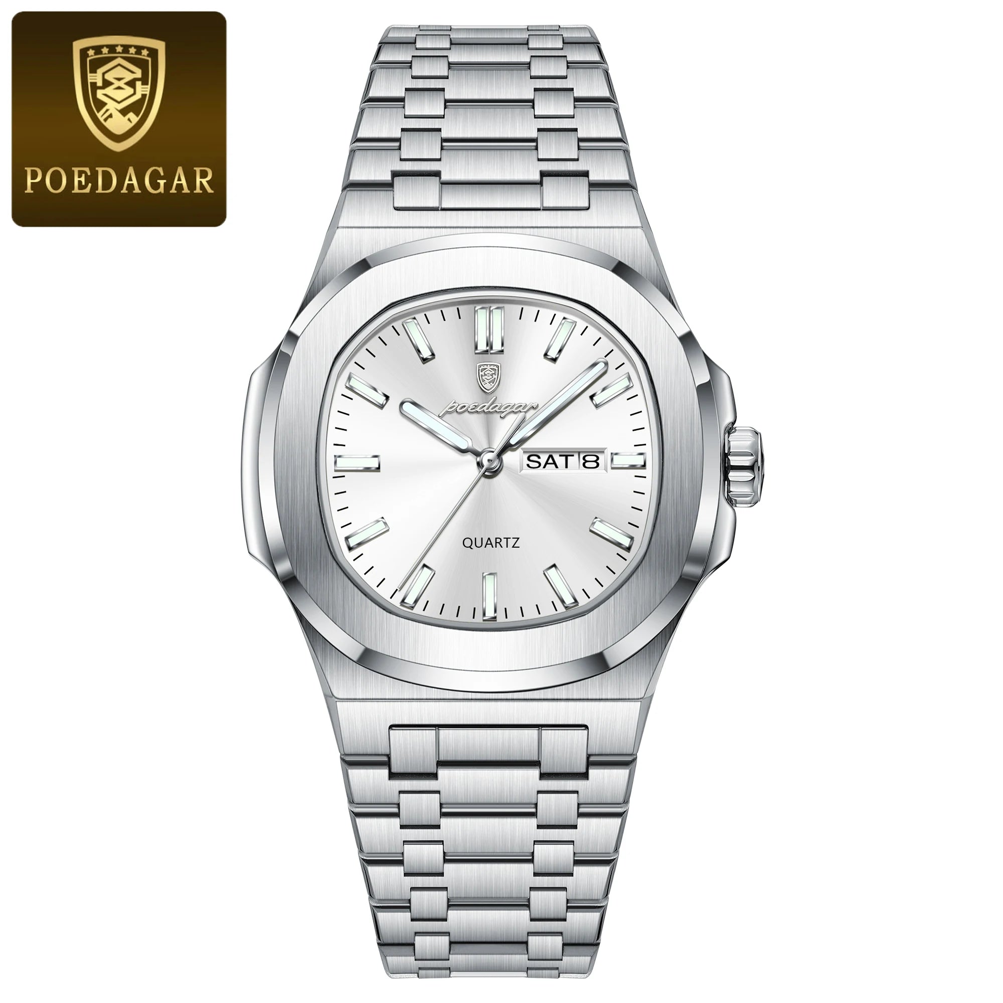 POEDAGAR, relojes cuadrados de lujo para hombre, Reloj luminoso resistente al agua con fecha y semana para hombre, Reloj de pulsera de cuarzo a la moda de acero inoxidable para hombre