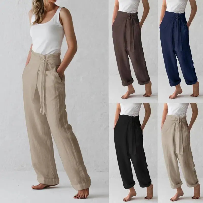 Pantalones informales con bolsillo para mujer, Color sólido, elásticos, con encuadernación, línea de algodón elegante, cintura alta, verano 2024