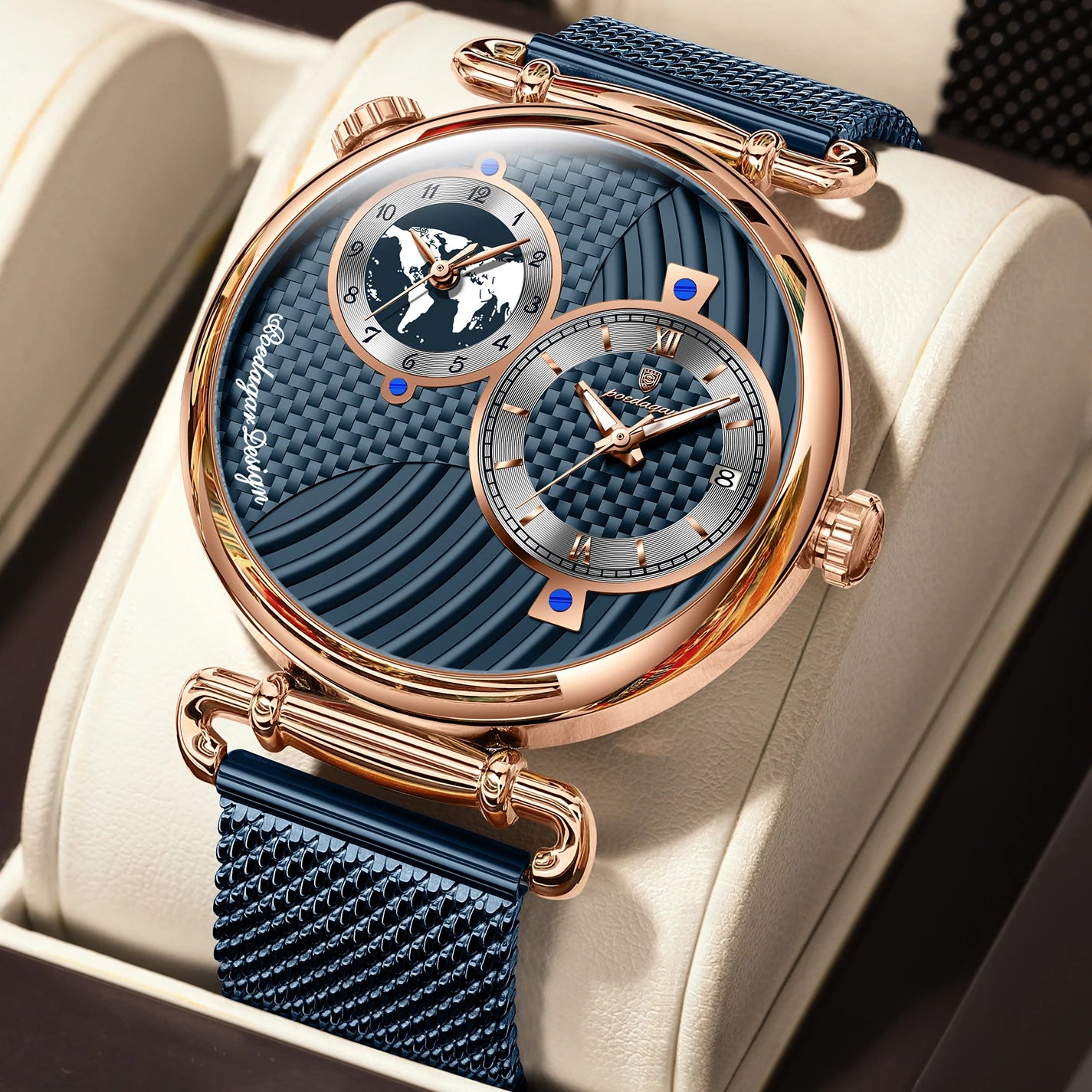 Reloj de hombre POEDAGAR de moda con doble zona horaria, resistente al agua, con fecha, deportivo, de malla de acero inoxidable, de cuarzo + caja.