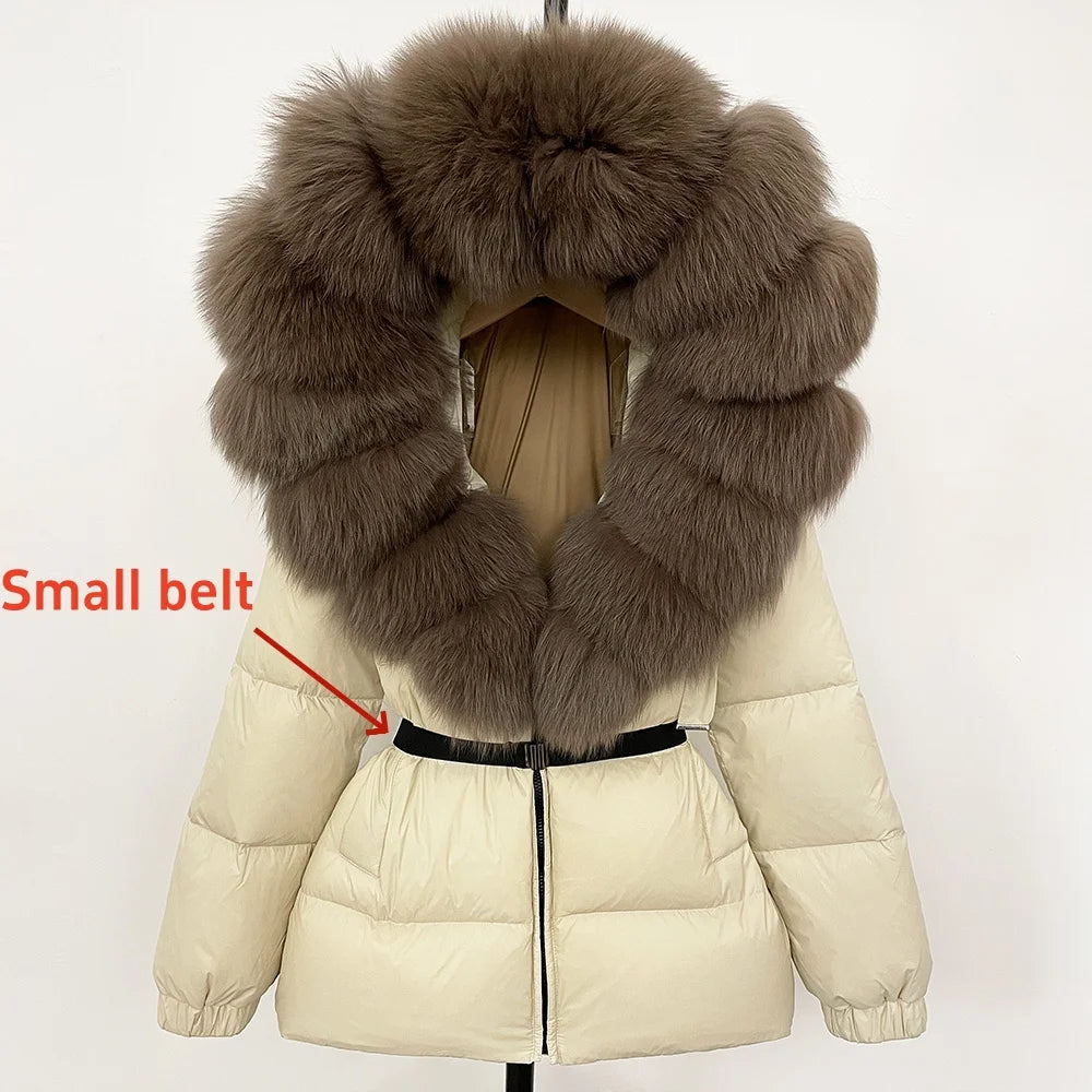 OFTBUY 2025 nueva ropa de invierno para mujer, abrigo de plumón de pato blanco, chaqueta con capucha de piel de zorro Natural, chaqueta acolchada cálida a la moda para mujer