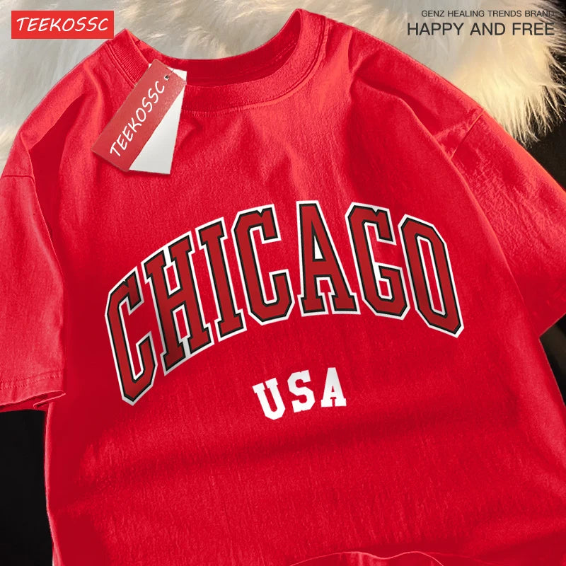 Camiseta gráfica de ciudad clásica de Chicago Usa para hombre, camisetas de calle con cuello redondo, ropa, camiseta informal de algodón de manga corta para pareja