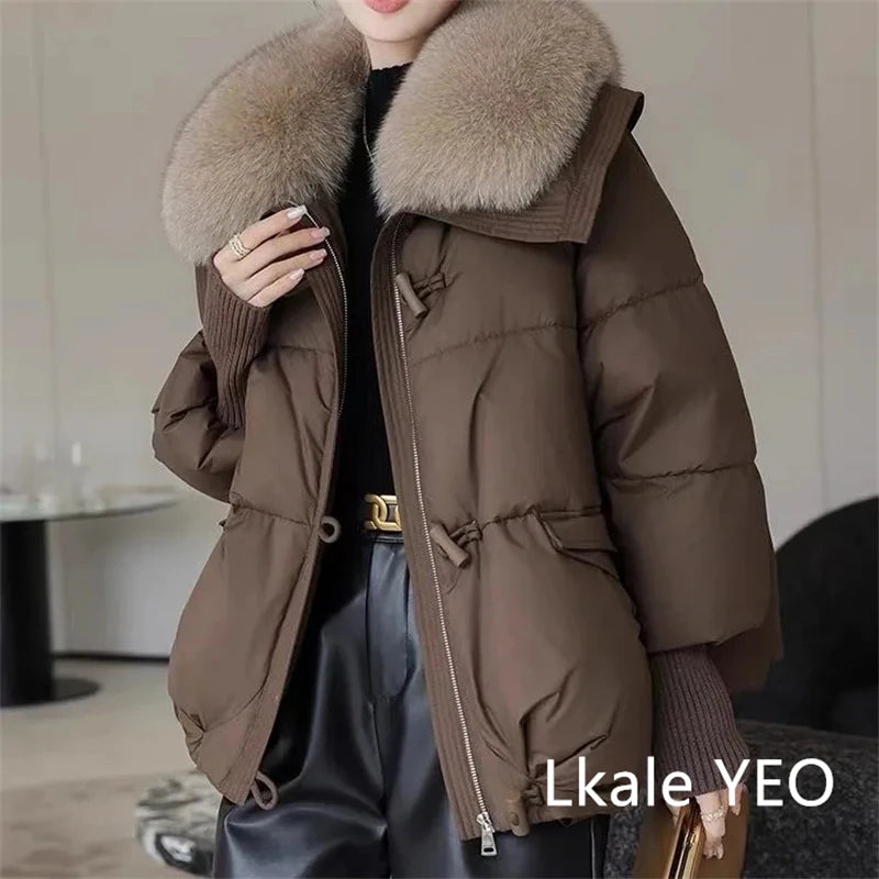 Parka de invierno para mujer, abrigo informal versión coreana, prendas de vestir exteriores para mujer, temperamento grueso, cuello de piel grande, Chaqueta de algodón para mujer 2025