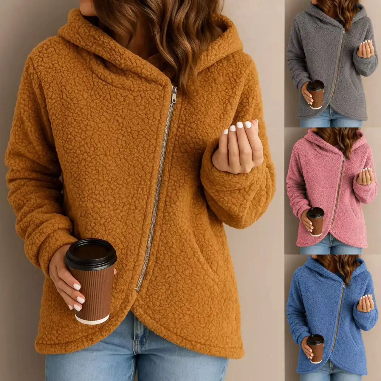 2025 Sudadera gruesa con forro polar para mujer, cárdigan con capucha y cremallera superior, chaqueta de lana de cordero de nuevo estilo a la moda para invierno