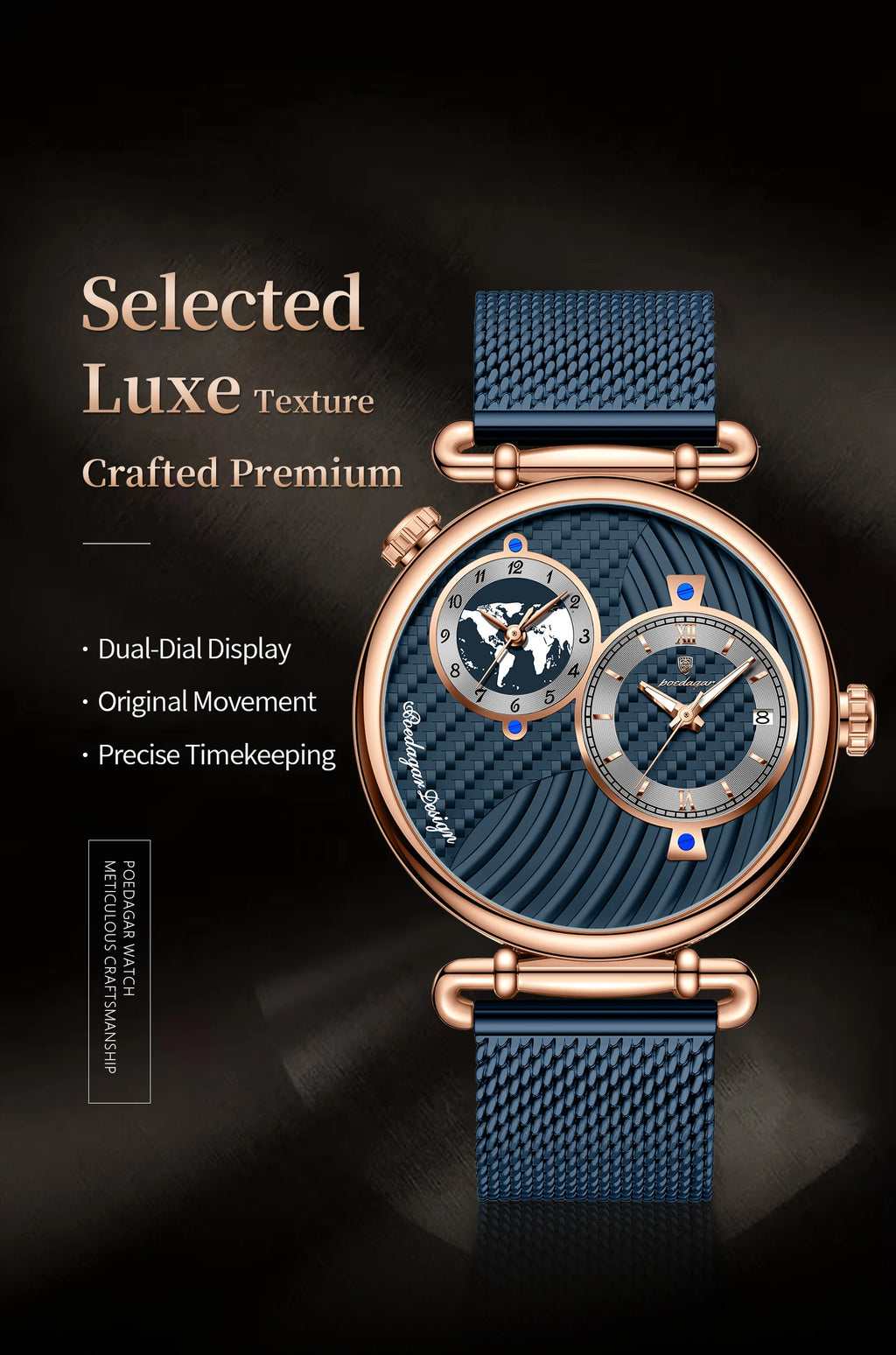 Reloj de hombre POEDAGAR de moda con doble zona horaria, resistente al agua, con fecha, deportivo, de malla de acero inoxidable, de cuarzo + caja.