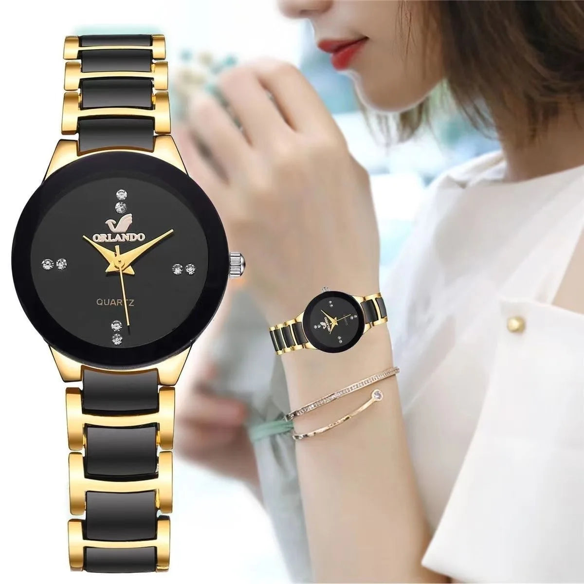 Relojes de cuarzo analógicos con banda de acero inoxidable para mujer con diamantes de imitación a la moda