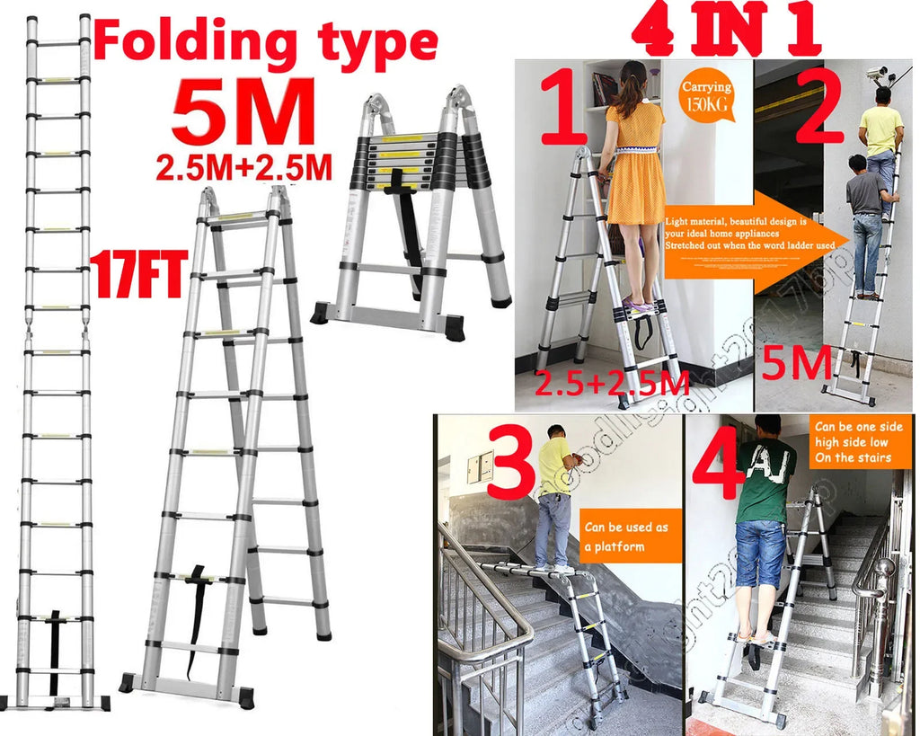 Escalera de aluminio telescópica multiusos de 16,5 pies (8,2 pies + 8,2 pies)/5M, escalera plegable extensible, escalones antideslizantes, capacidad de carga de 150 kg