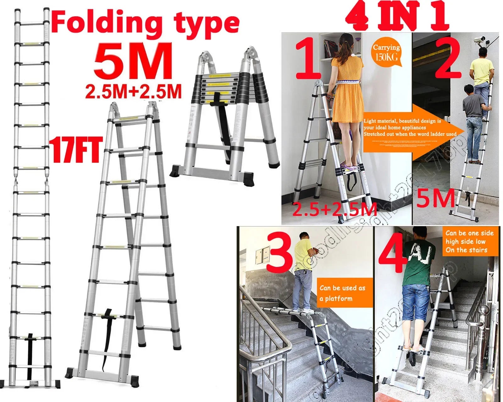 Escalera de aluminio telescópica multiusos de 16,5 pies (8,2 pies + 8,2 pies)/5M, escalera plegable extensible, escalones antideslizantes, capacidad de carga de 150 kg