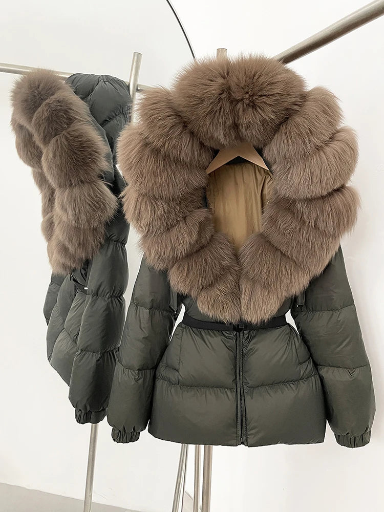 OFTBUY 2025 nueva ropa de invierno para mujer, abrigo de plumón de pato blanco, chaqueta con capucha de piel de zorro Natural, chaqueta acolchada cálida a la moda para mujer