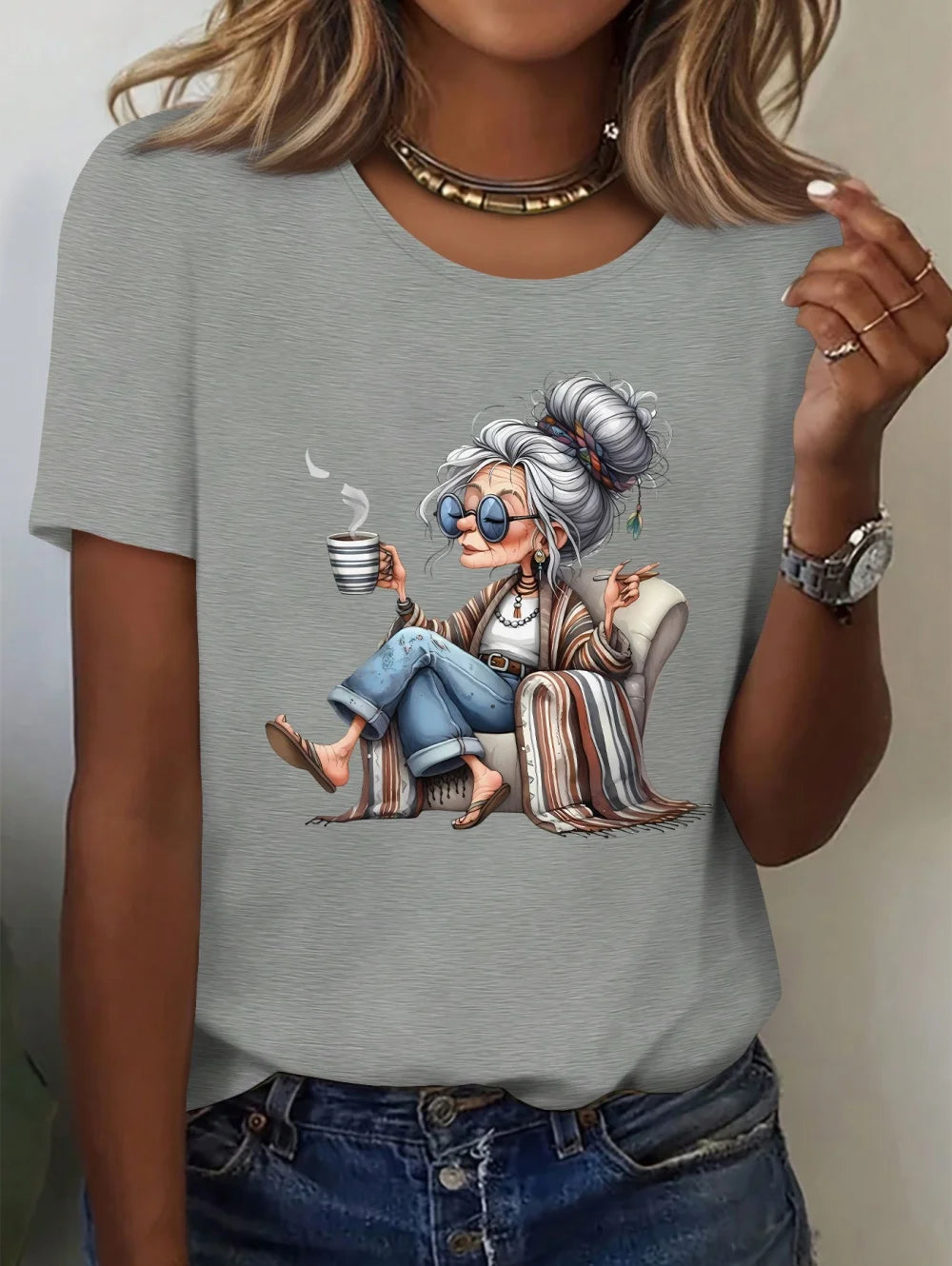 Women's Granny Graphic Print Elegant T-Shirt, Casual Summer Short Sleeve Tee, Funny Cute Crewneck T Shirts, Casual Clothes for Women