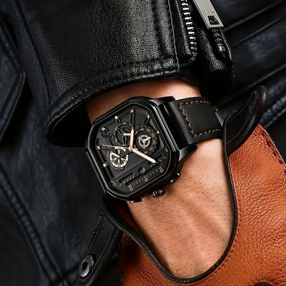 Reloj cuadrado de lujo con esfera grande para hombre, correa de cuero PU informal, relojes deportivos para hombre