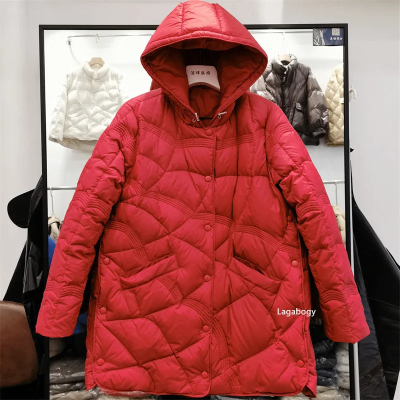 Lagabogy-abrigo holgado de plumón de pato blanco para mujer, Tops Vintage de un solo pecho, chaqueta acolchada cálida con capucha y bolsillo para mujer, exterior, 2025