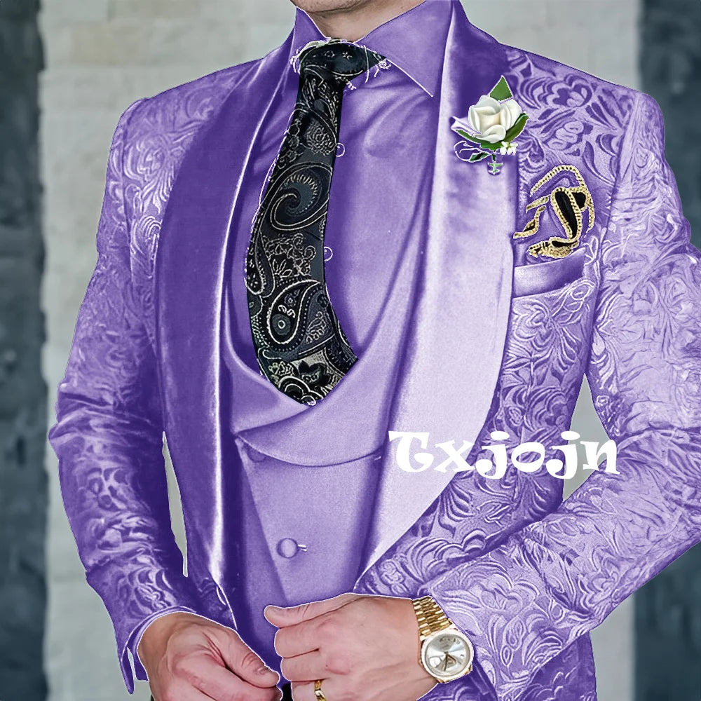 Exquisitos trajes de jacquard de 3 piezas para hombre, conjuntos de novio de boda, bonito conjunto de traje con solapa y chal, ropa de baile, esmoquin Formal para negocios