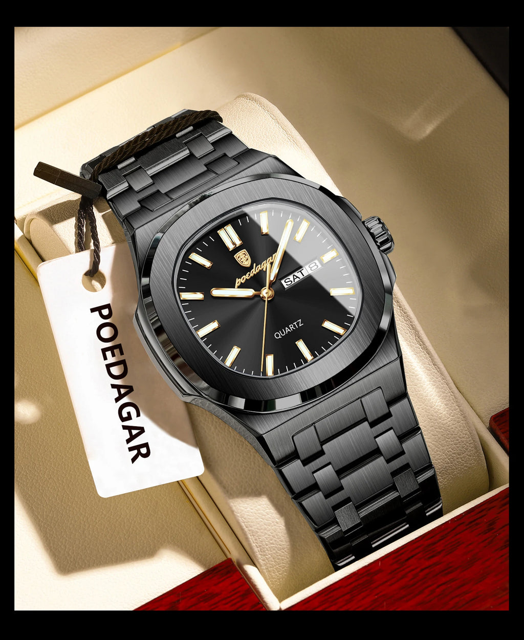POEDAGAR, relojes cuadrados de lujo para hombre, Reloj luminoso resistente al agua con fecha y semana para hombre, Reloj de pulsera de cuarzo a la moda de acero inoxidable para hombre