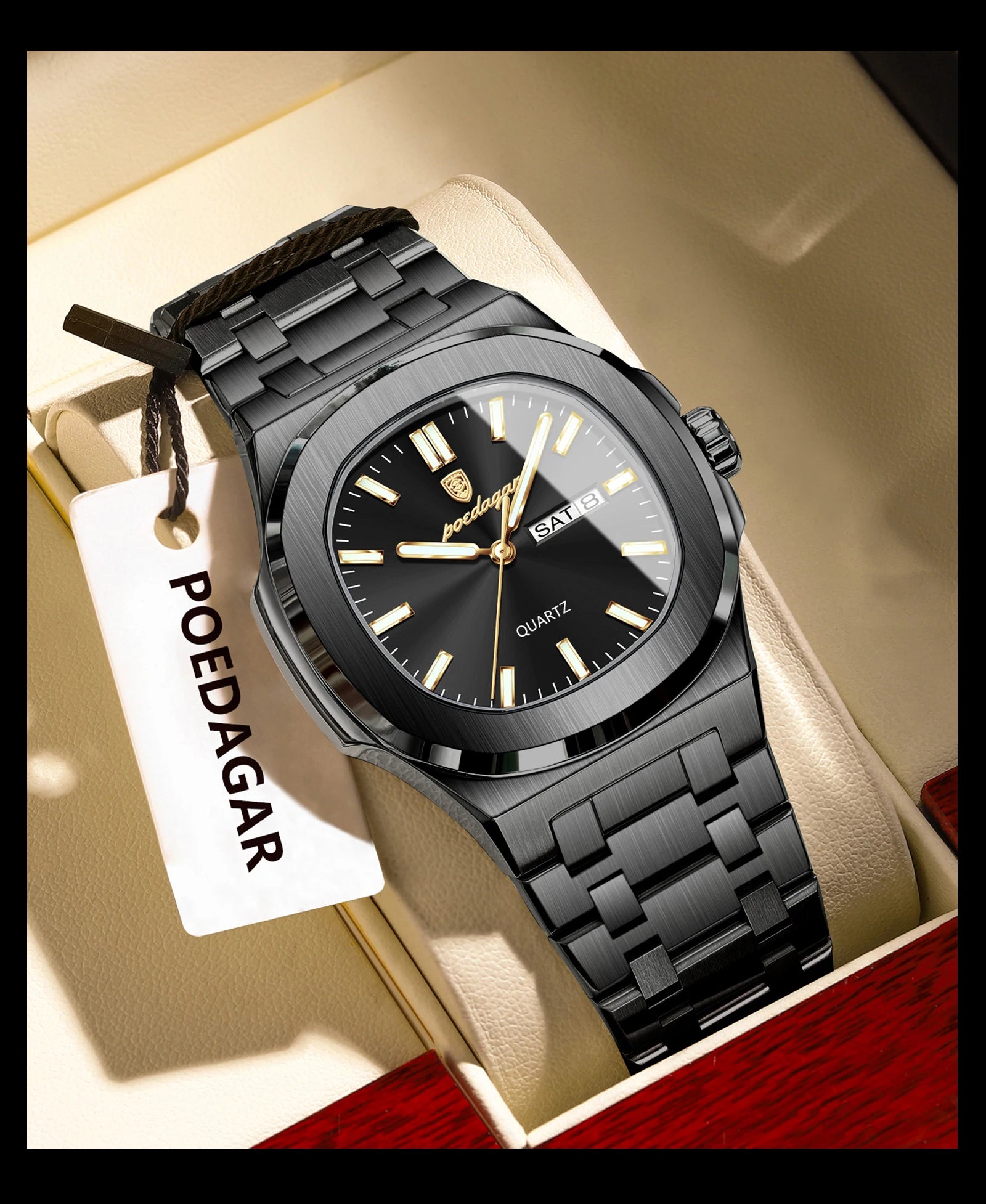 POEDAGAR, relojes cuadrados de lujo para hombre, Reloj luminoso resistente al agua con fecha y semana para hombre, Reloj de pulsera de cuarzo a la moda de acero inoxidable para hombre