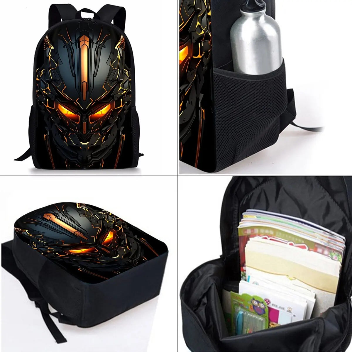 Mochilas Escolares de Tres Piezas con Estampado de Robots Mecánicos para Niños y Niñas, el Mejor Regalo, Diseño Plano 2D de Dibujos Animados