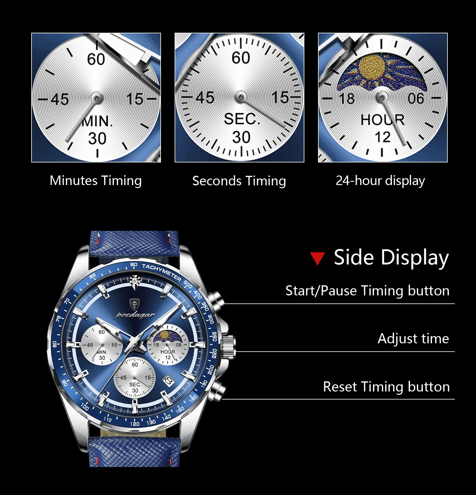 POEDAGAR Original Fashion Men Clock Luminous Waterproof Chronograph Date Man Wristwatch Leather Quartz Sport Men's Watches Reloj