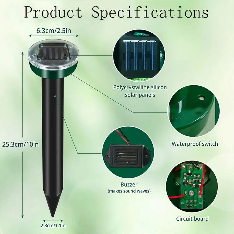 Ahuyentador Solar Ultrasónico de Roedores y Topos – IP44, LED, Pack x4