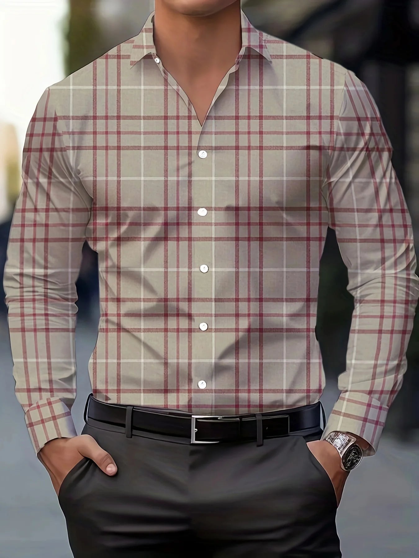 Camisa informal a cuadros de manga larga para hombre, tops a rayas, camisa transpirable con cuello de solapa con botones, ropa de negocios para otoño