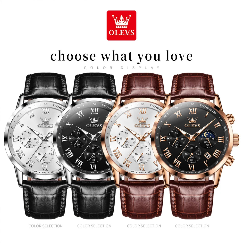 OLEVS-reloj de cuarzo deportivo para hombre, cronógrafo de lujo, resistente al agua, con correa de cuero, fase lunar, Masculino