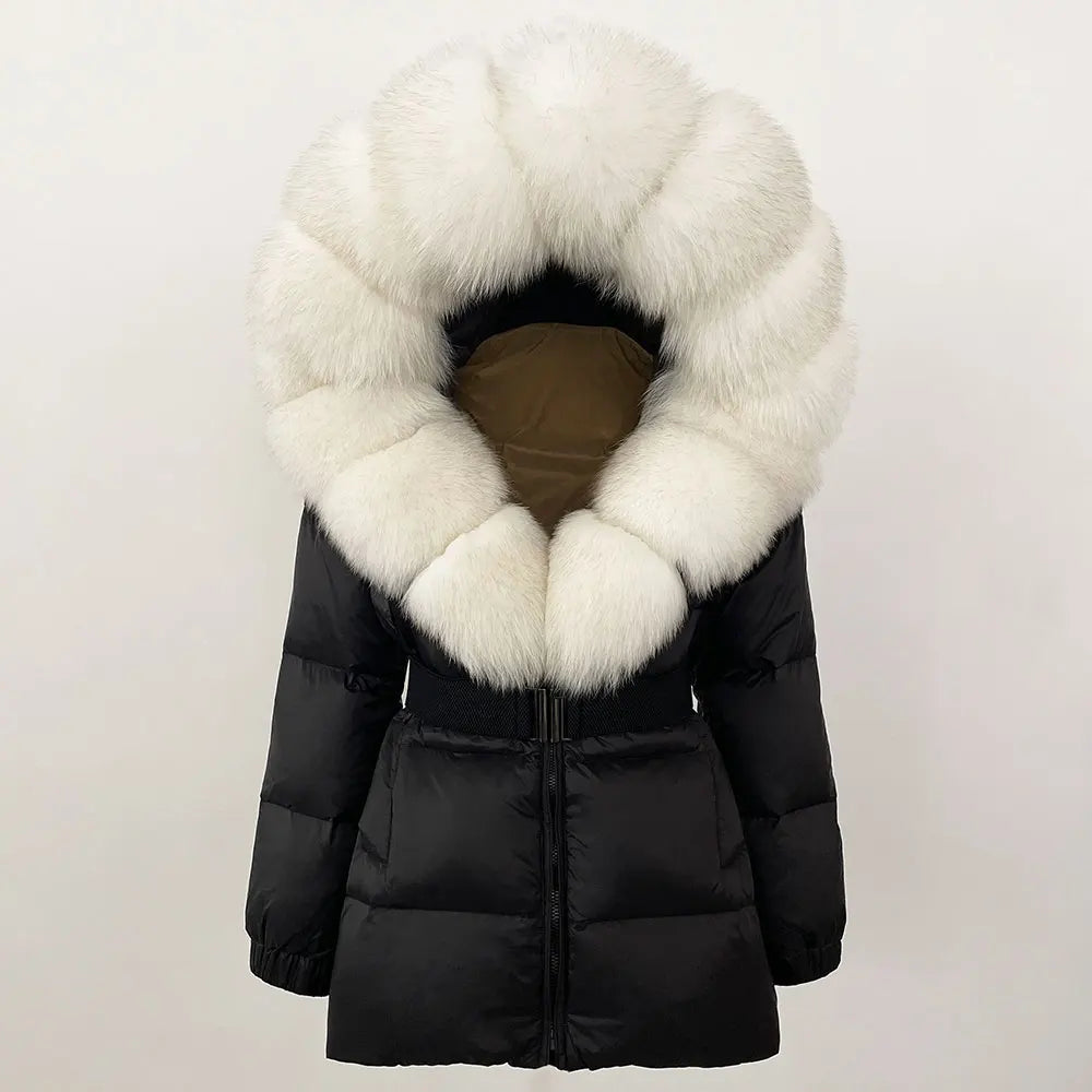 OFTBUY 2025 nueva ropa de invierno para mujer, abrigo de plumón de pato blanco, chaqueta con capucha de piel de zorro Natural, chaqueta acolchada cálida a la moda para mujer