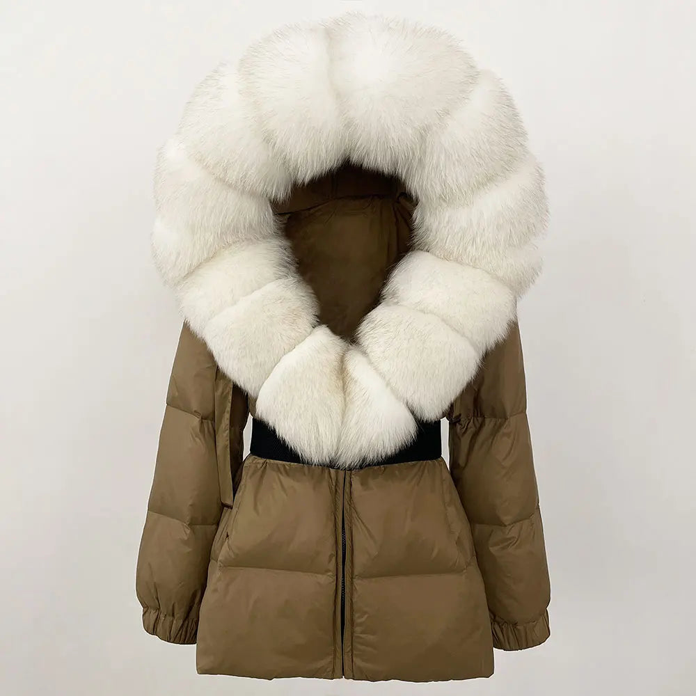 OFTBUY 2025 nueva ropa de invierno para mujer, abrigo de plumón de pato blanco, chaqueta con capucha de piel de zorro Natural, chaqueta acolchada cálida a la moda para mujer