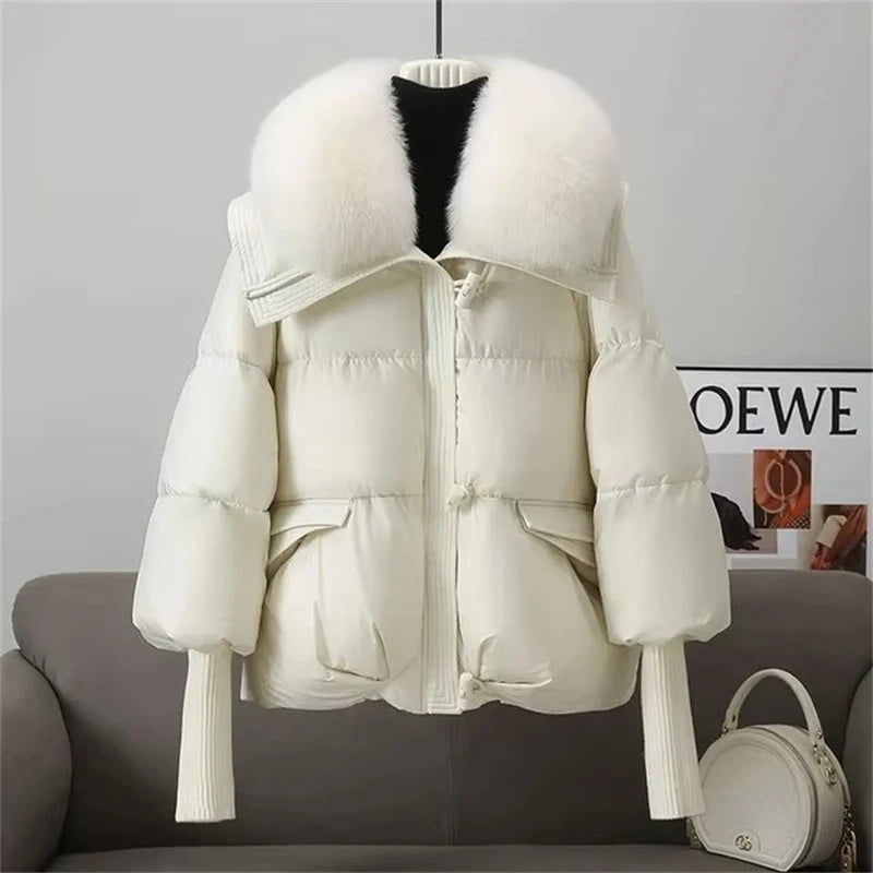 Parka de invierno para mujer, abrigo informal versión coreana, prendas de vestir exteriores para mujer, temperamento grueso, cuello de piel grande, Chaqueta de algodón para mujer 2025