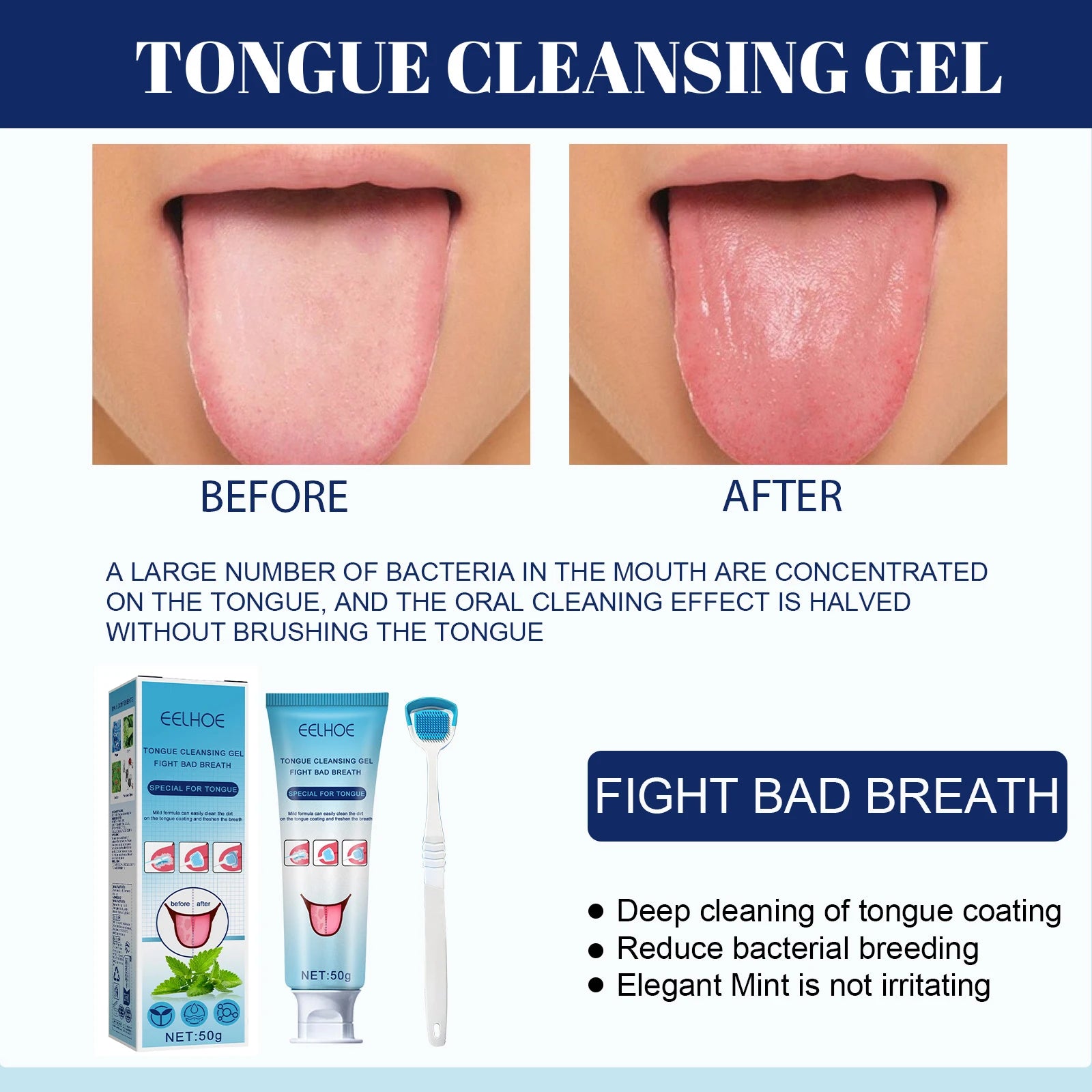 Gel Limpiador de Lengua EELHOE con Cepillo – Menta y Pera, Higiene Bucal Profunda