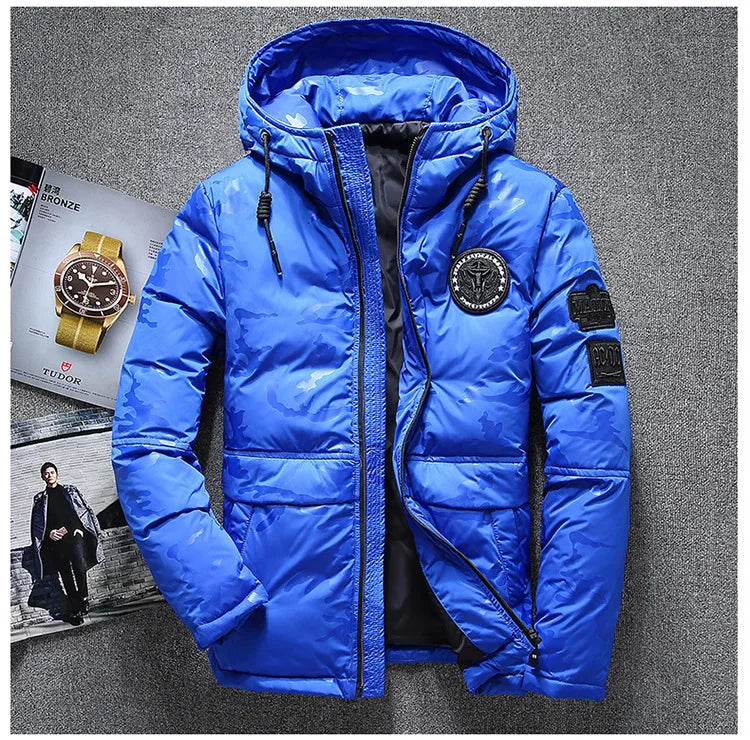 Parkas de invierno de alta calidad para hombre, cortavientos, Parkas de plumón de pato blanco, chaquetas cálidas gruesas con capucha de camuflaje para nieve, abrigo