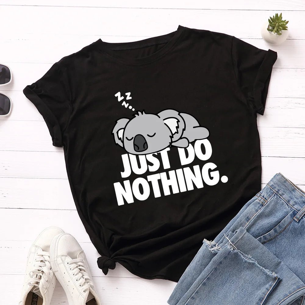 Just Do Nothing-Camiseta con estampado de Koala para Mujer, blusa holgada de manga corta con cuello redondo, ropa para Mujer