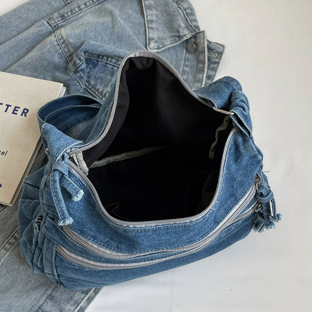 Bolso cruzado de mezclilla para mujer, bolso de hombro de gran capacidad, correa ajustable, bolso Vintage, bolsos de mensajero informales con múltiples bolsillos
