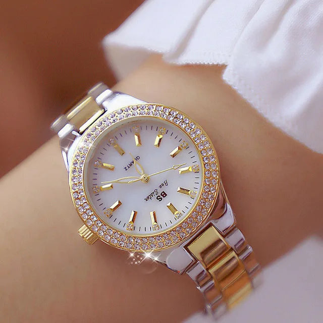 Relojes de pulsera de acero inoxidable para mujer, reloj dorado con diamantes de cristal, plateado