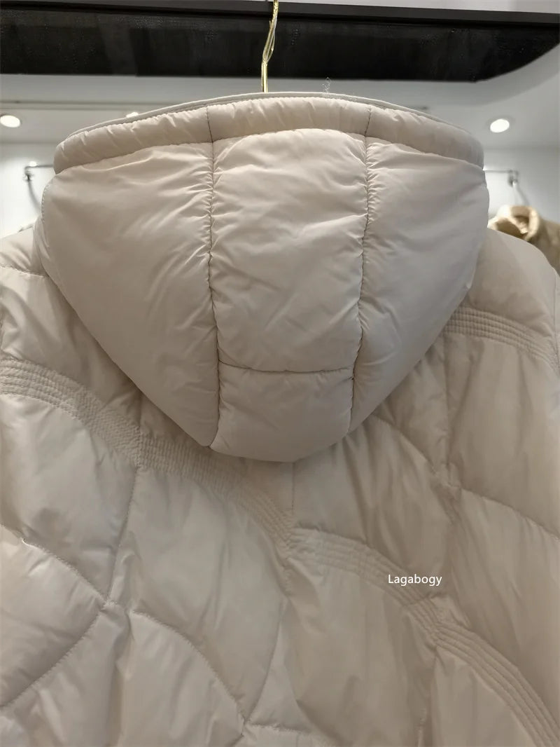 Lagabogy-abrigo holgado de plumón de pato blanco para mujer, Tops Vintage de un solo pecho, chaqueta acolchada cálida con capucha y bolsillo para mujer, exterior, 2025