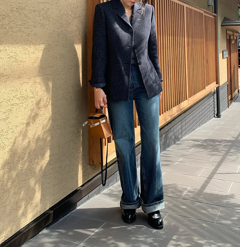 Chaqueta de traje de lana elegante coreano para mujer Otoño e Invierno Slim Fit marrón viajero abrigo de lana de gama alta Blazers ropa de mujer