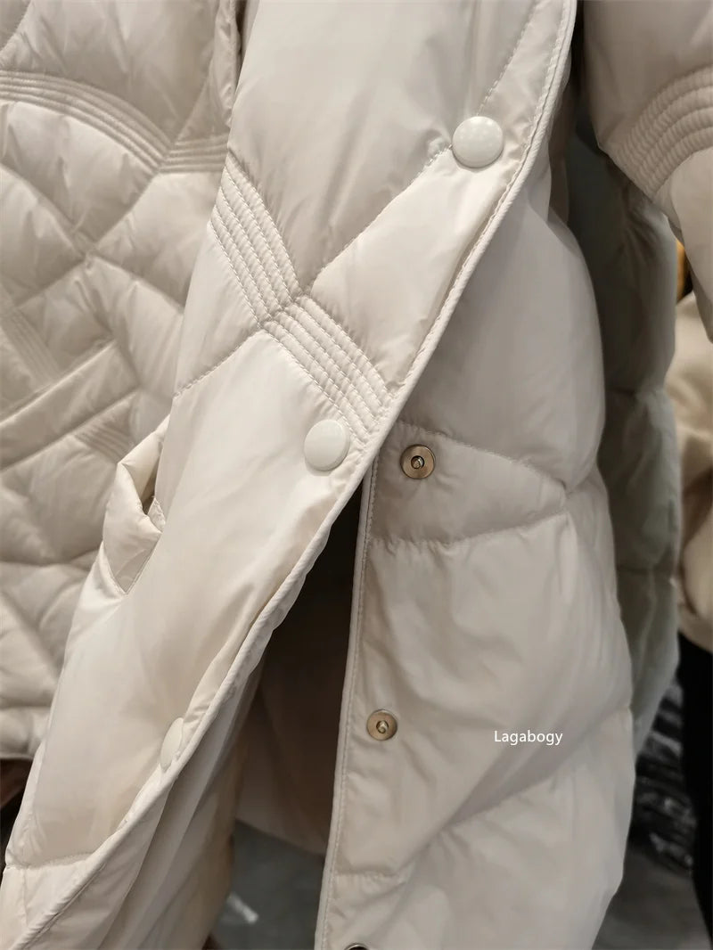 Lagabogy-abrigo holgado de plumón de pato blanco para mujer, Tops Vintage de un solo pecho, chaqueta acolchada cálida con capucha y bolsillo para mujer, exterior, 2025