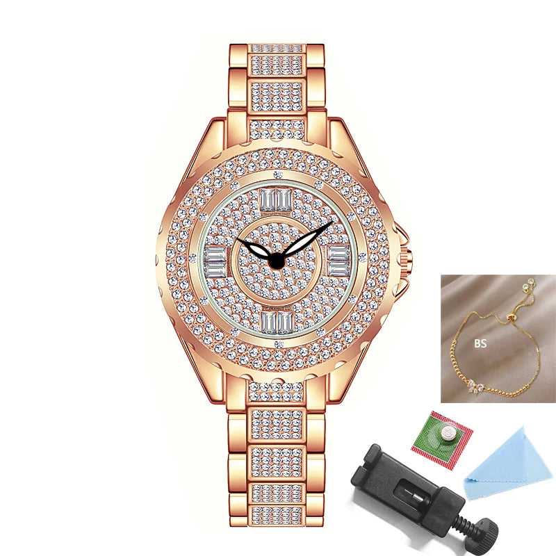 2025 relojes de diamantes de cristal para mujer, reloj elegante Original de oro para mujer con conjunto de pulsera, regalo de oro rosa para novia y esposa