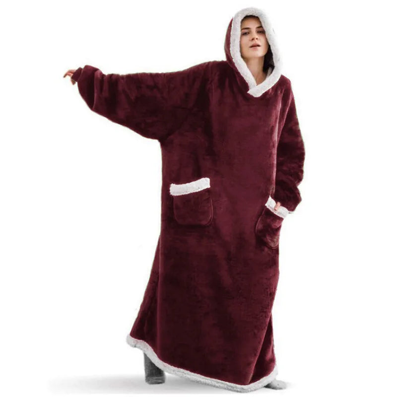Sherpa Flannel Oversized Hoodie Blanket, Warm Winter Blanket with Sleeves, Hooded Sweatshirt, Oversized TV Blanket, Pullover